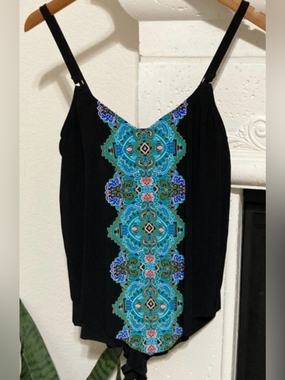 New Aqua Green Swimwear Medium Black Tank Top with Teal Blue Embroidered Panel
